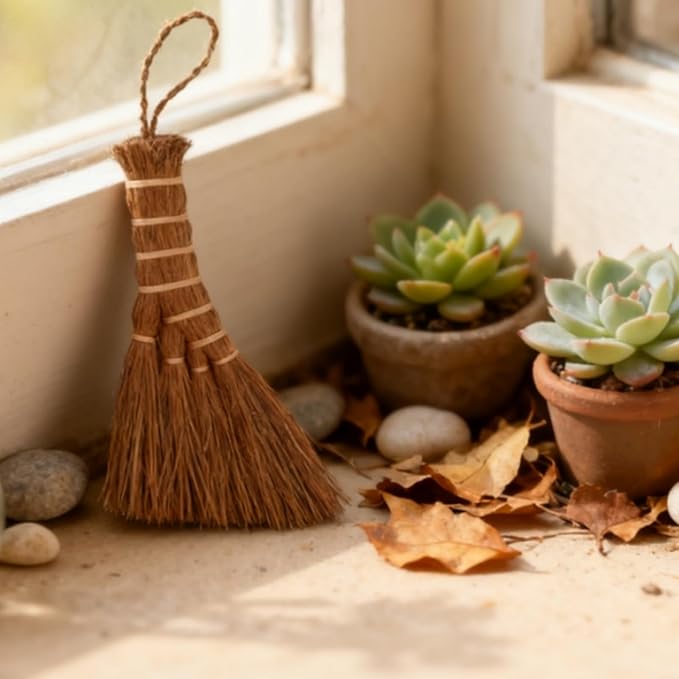 Jerliflyer Mini Brown Broom Palm,Small Palm-Sized Handle Broom Brush for dusting and Removing Crumbs, Dirt, dust, etc. from Table Tops