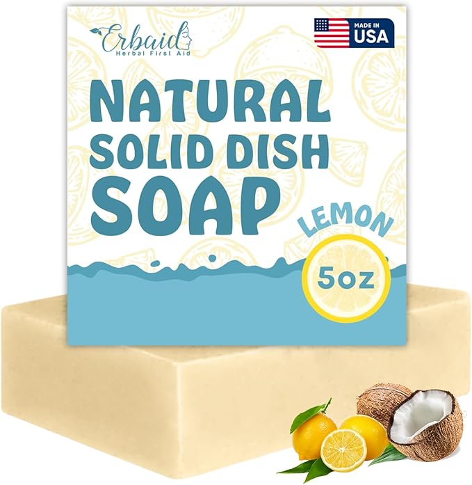 Non Toxic Dish Soap Bar – Natural Solid Dish Soap with Lemon Scent – Eco Friendly, Zero Waste, Plastic Free Kitchen Dishwashing Block – Long-Lasting, Gentle on Hands and Tough on Grease – Made in USA