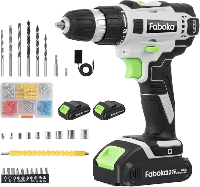 21V Cordless Drill Set, Power Drills Kit with 2.0Ah Battery and Charger, Electric Driver/Drill Bits, Max Torque 40Nm, 3/8-Inch Keyless Chuck, Variable Speed, LED Light, for DIY Home Repair