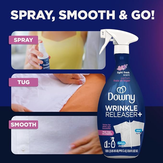 Downy Wrinkle Release Spray Travel Size, All In One Formula, Removes Wrinkles, Static and Odor Eliminator, Light Fresh Scent, 3 Fl Oz, Pack of 12