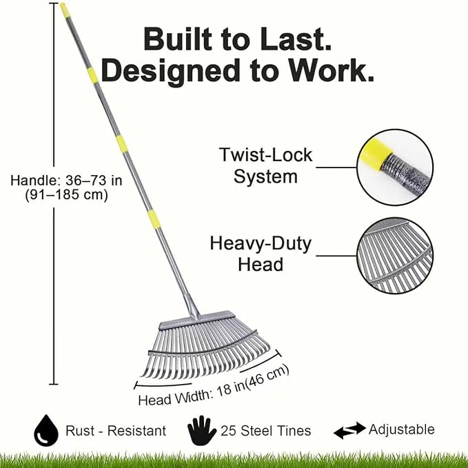 Adjustable Garden Rake for Leaves 36 to 73 Inch 25 Tines with Leaf Scoops, 32 Gallon Self Standing Yard Waste Bag Hoop, 2 Pairs Latex Coated Gloves