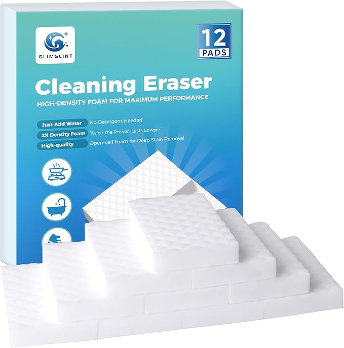 GLIMGLINT 12PK Magic Sponges Cleaning Eraser, Powerful Scrubber Foam Pads, 2X Density Stronger Sponge for Household, Multi-Surface Cleaning Supplies for Kitchen, Furniture, Bathroom, Sink, Wall, Boat
