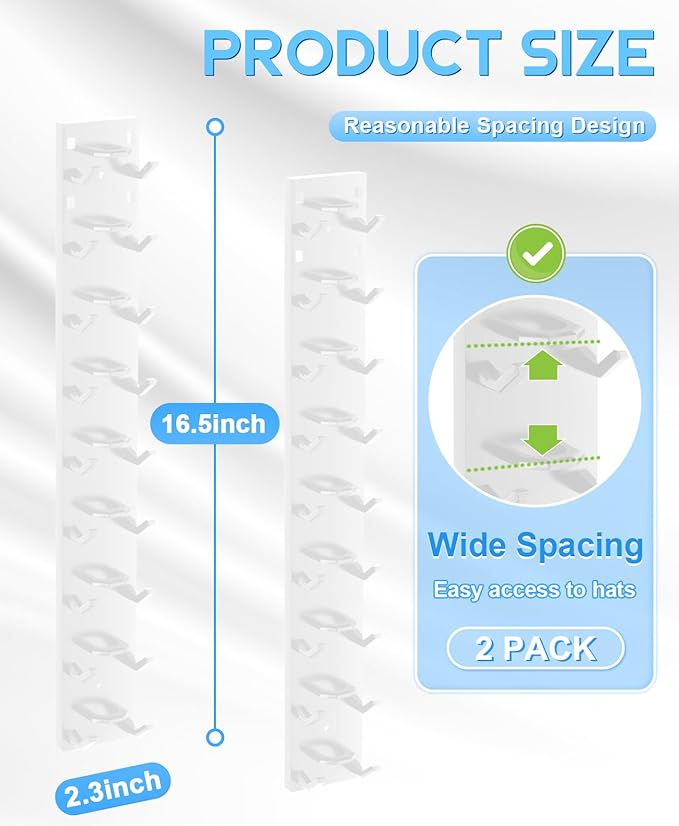2 Pack Hat Organizer for Baseball Caps, Strong Adhesive Hat Rack for Wall, Multilayer Hat Storage Display Holder, Wall Mounted Hats Hooks Hold up to 18 Hats for Closet Door and Bedroom (White)