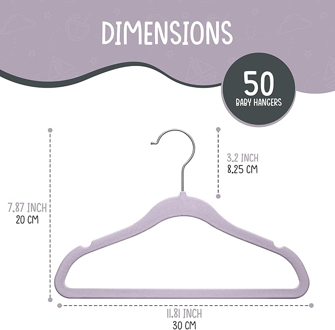 TechZoo 50 Premium Velvet Baby Hangers 11.8" Inch Non-Slip Infant, Ultra Slim Space-Saving Children Closet Hangers, 360° Swivel Hook, Strong & Durable Baby Toddler Kids Clothes Hanger, Purple
