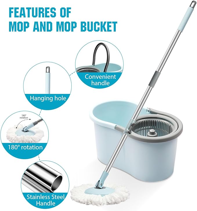 Spin Mop and Bucket with Wringer Set, 360° Spinning Mop Bucket System with 3 Microfiber Mop Replacement Heads and 50" Stainless Steel Adjustable Handle for Floor Cleaning