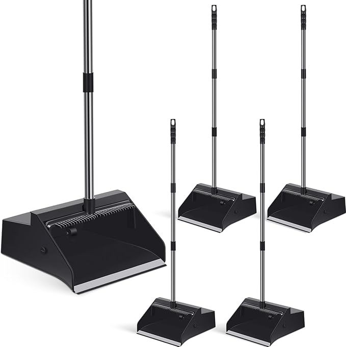 Leumoi 4 Pcs Dust Pans with Long Handle Set 36.6 Inch Commercial Dust Pan with Comb Large Plastic Stand up DustPans for Outdoor Indoor Restaurant Home Office Floor Cleaning (Black)