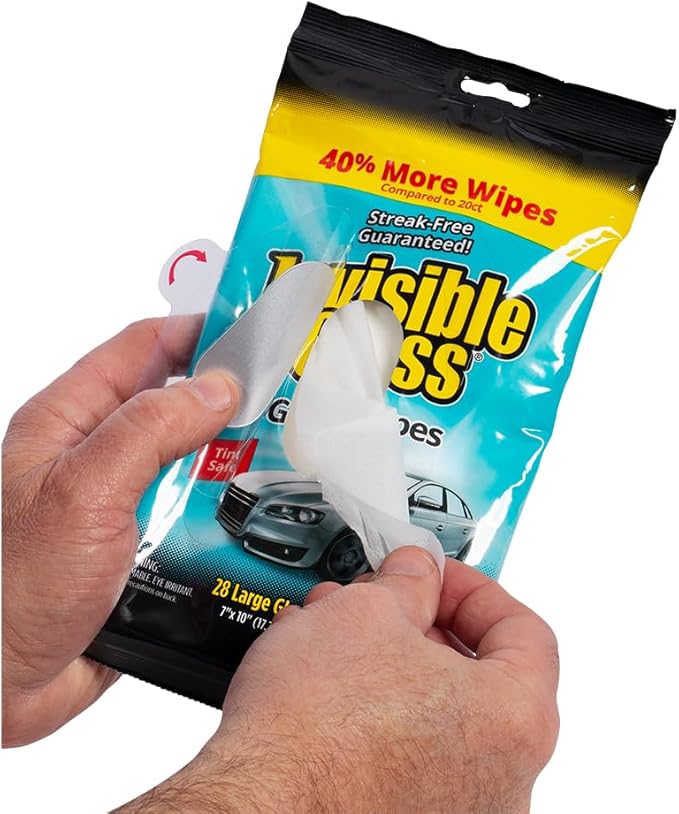 Invisible Glass 90161-4PK Large Glass Cleaning Wipes for Streak-Free Windows, Mirrors, and Glass, Lint-Free, Ammonia-Free, Tint-Safe, for Home and Auto, Flat Pack, 28 Count (Pack of 4)