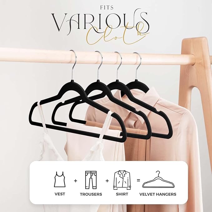 HOUSE DAY Black Velvet Hangers 300 Pack, Premium Clothes Hangers Non-Slip Felt Hangers, Sturdy Black Hangers Heavy Duty Coat Hangers, Durable Suit Hangers, Space Saving No Hanger Mark Rotating Hook