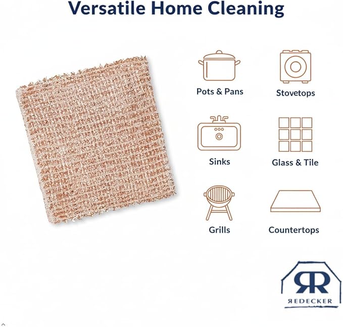 Redecker Large Copper Cleaning Cloth – 2 Pack – Woven Copper Scrubber for Pots Pans Sinks and Stainless Steel – Removes Burnt Food Residue – 10 x 10 in – Made in Netherlands