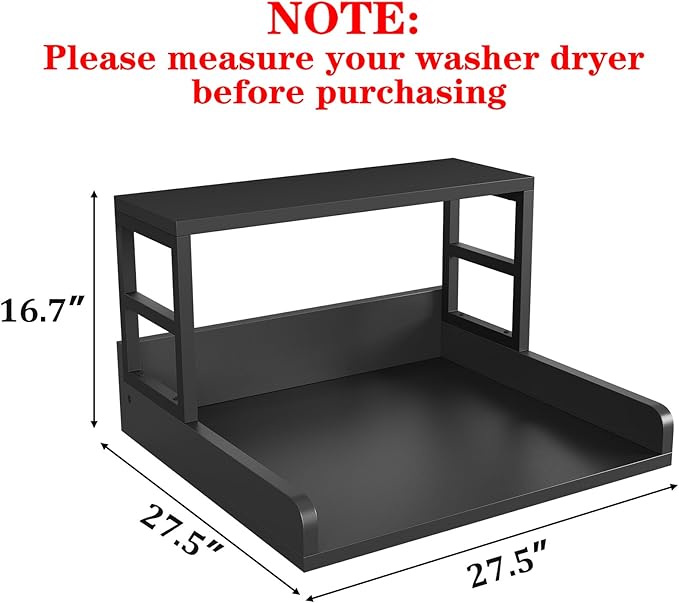 Washer Dryer Countertop with Shelf, 27.5″D x 27.5″W x 16.7″H, Countertop for Washer and Dryer Top with Non-Slip Pads and Edge Rails, Laundry Room Storage and Organization(Black)