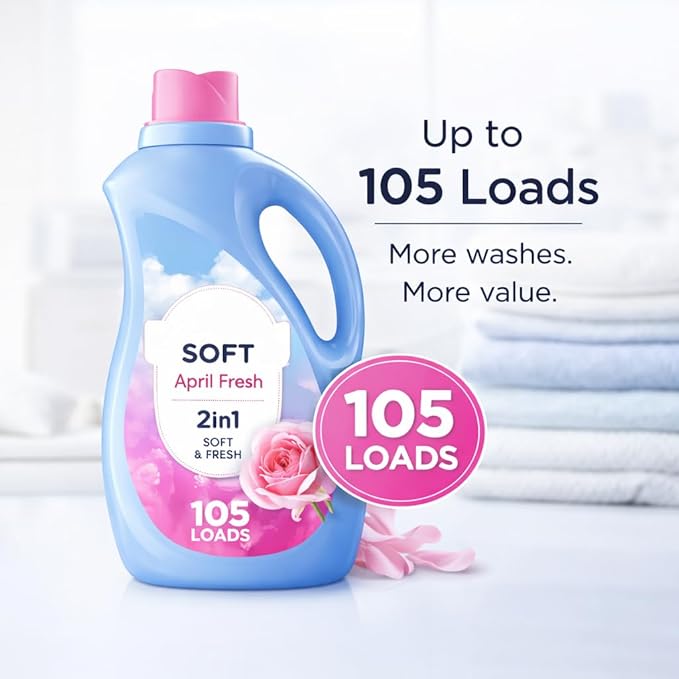 Liquid Fabric Softener and Conditioner, April Fresh Scent, 77 fl oz, 105 Loads – Laundry Softening Liquid for Fresh Scented Clothes and Reduced Static