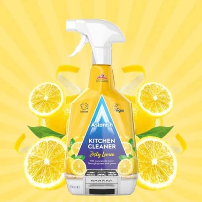 Astonish Zesty Lemon Scented Kitchen Cleaner 3 Pack - All Purpose Cleaning Solution Removes Grease, Grime, & Surface Stains - Cruelty Free Kitchen Grease And Multi Surface Cleaner - 750ml Spray Bottle