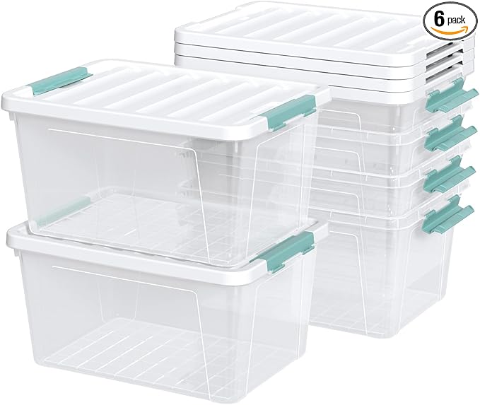 6-Pack Clear Plastic Storage Bins with Lids, 35 Quart Latch Storage Box