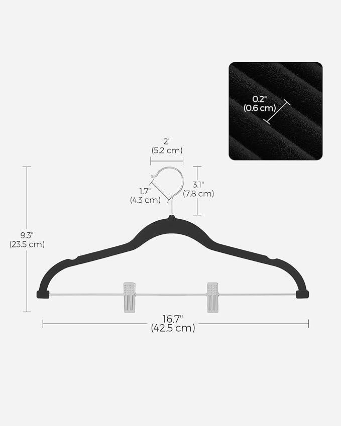 SONGMICS 50-Pack Pants Hangers, 16.7-Inch Long Velvet Hangers with Adjustable Clips, Heavy-Duty, Non-Slip Skirt Hangers, Space-Saving for Pants, Skirts, Coats, Dresses, Black UCRF012B50