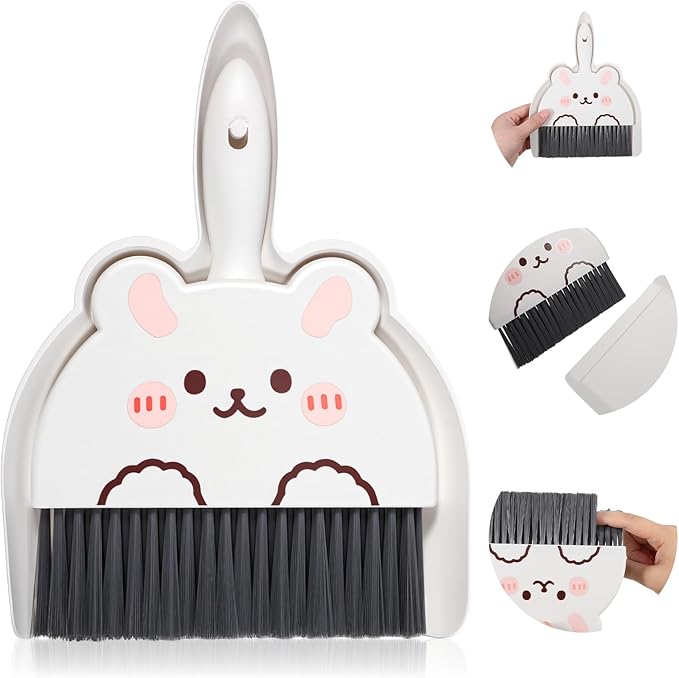 Portable Hand Broom and Dustpan Set, Cute Rabbit Design Portable Mini Broom and Dustpan Set with Durable Brush, Lightweight Dust Pan and Brooms for Desktop Kitchen Small Space Cleaning