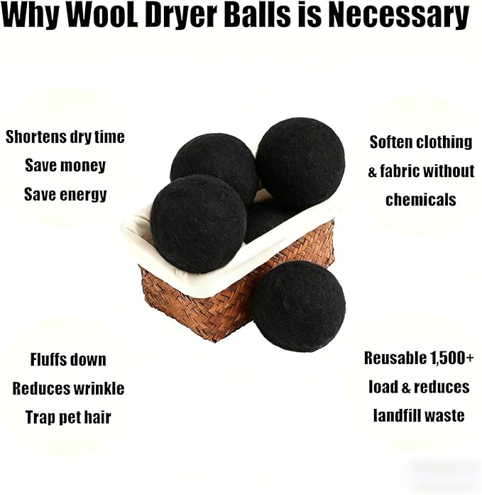 6 Pack Wool Dryer Balls Laundry Reusable Anti Static, Cotton Balls Wool Laundry Balls for Dryer Reduces Clothing Wrinkles Natural Fabric Softener Last 1000+ Loads (Black, 2.75 in/7 cm)