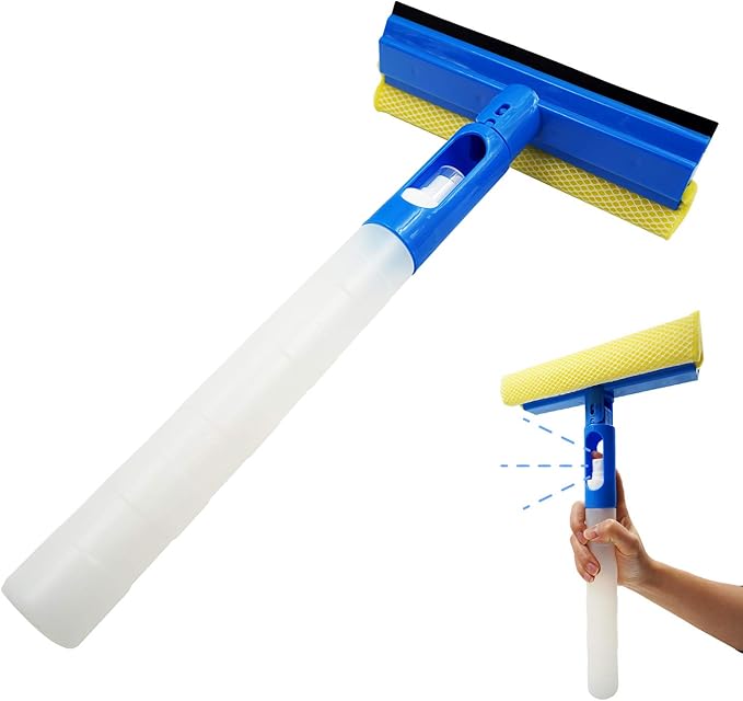 Car Window Cleaner Squeegee with Sponge and Rubber Blade Cleaning Tool Wiper with Spray Bottle 3 in 1 Multipurpose | for Indoor and Outdoor, Home, Car Window, Glass (2 Pack)