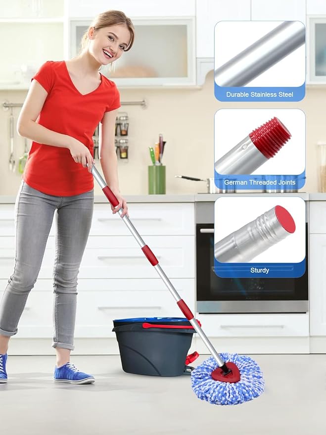 Small Spin Mop Replacement Head Compatible with Ocedar 2 Tank RinseClean, 4 Mop Heads +1 Stick+1 Base , Microfiber Mop Refills and 30-58in Handle, Easy-to-Replace(Blue,2 Tank)