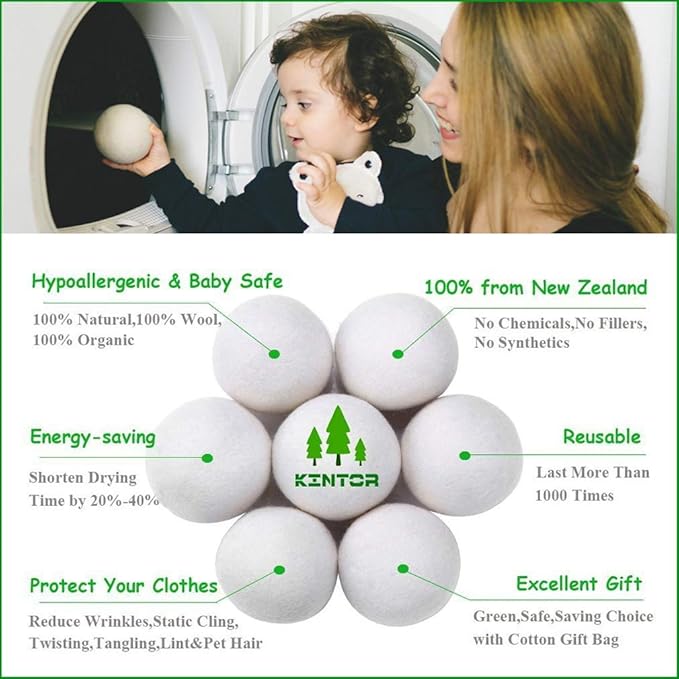 KINTOR Wool Dryer Balls XL 6 Pack, 100% New Zealand Wool Organic Fabric Softener, Hypoallergenic Baby Safe Unscented, Chemical Free Reduce Wrinkles Static Cling, Shorten Drying Time (XL-6pack)