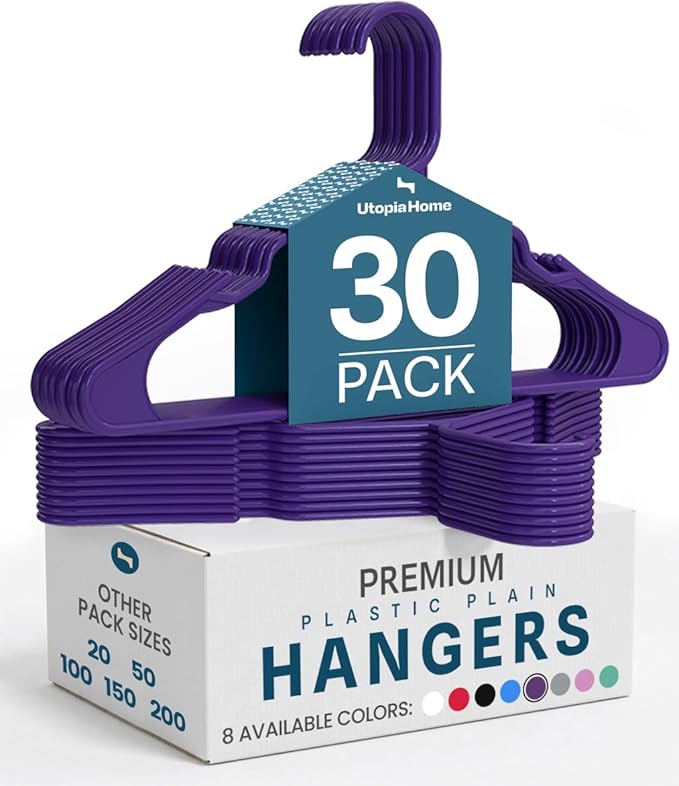 Utopia Home Plastic Hangers 30 Pack - Perfect Space Saving Clothes Hanger - Durable and Strong - Perfect Closet Organizers with Shoulder Grooves (Purple)