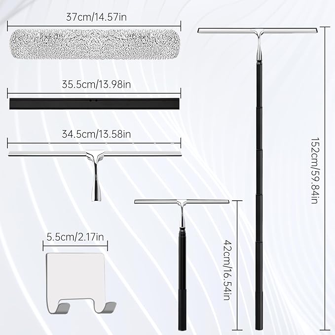 Squeegee for Shower Glass,Shower Squeegee for Glass Doors,Telescopic Window Squeegee for High Windows,Includes Towel Sleeves,Replacement Silicone Blade&Hooks,2 in 1 Queegee for Window Cleaning Kit