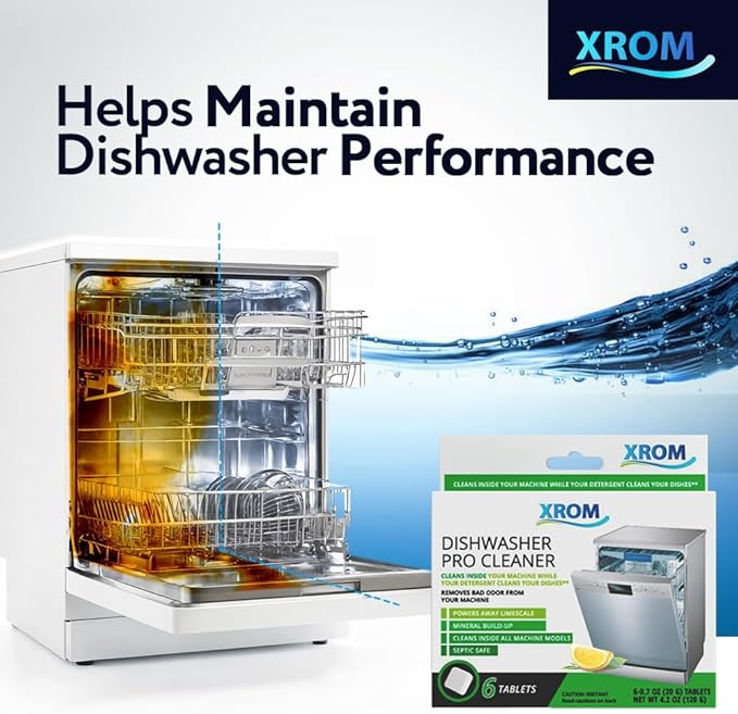 XROM Dishwasher Cleaner Tablets, Plant Based, Deep Clean And Descale, Removes Odors, Removes Hard Water Stains, Powerful Descaling, 6 Treatments (Lemon Scent)