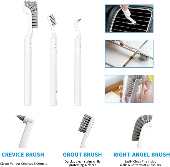 Small Scrub Brush, Hard Bristle Crevice Cleaning Brush Set with 6Pcs Brush Heads & 2Pcs Handles, Multifunctional Grout Scrubber Tools for Kitchen, Bathroom, Sink, Corner, Mug and Blender