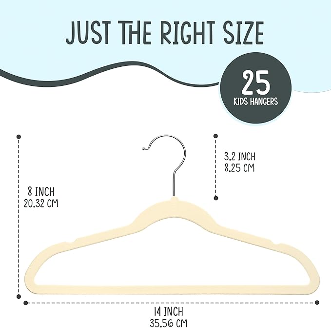 TechZoo 25 Premium Kids Velvet Hangers - 14" Non-Slip Clothes Hangers for Kids & Preteens - Ultra Slim, Space-Saving, Strong & Durable Hangers with 360° Swivel Hook - Beige