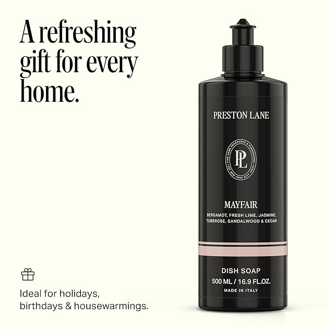 Preston Lane Luxury Dish Soap, Mayfair Scent | Plant Powered Formula with Essential Oils | Tough on Grease, Gentle on Hands | Vegan, Cruelty Free, Clean Ingredients