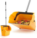 Jumbo Commercial Dustpan with Wheels & Comb Teeth - Heavy Duty Rolling Debris Pan - Long Handle Extra Large Upright Dust Pan for Industrial Warehouse Garage Restaurant Sidewalk Outdoor - Yellow