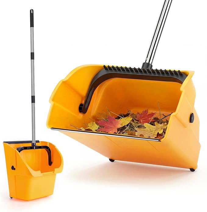 Jumbo Commercial Dustpan with Wheels & Comb Teeth - Heavy Duty Rolling Debris Pan - Long Handle Extra Large Upright Dust Pan for Industrial Warehouse Garage Restaurant Sidewalk Outdoor - Yellow