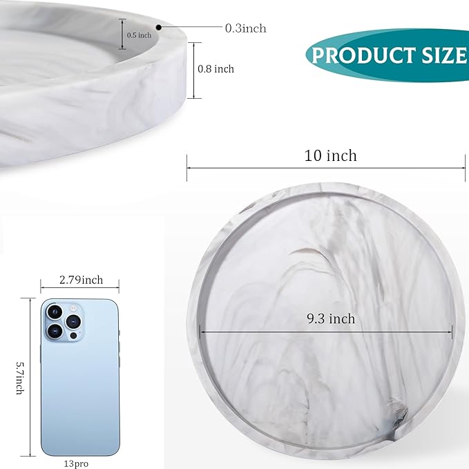 Silicone Bathroom Tray Round Vanity Tray Decorative Soap Holder Kitchen Countertop Organizer Coffee Table Decor for Candle, Perfume, Plant, 10 Inch, Marble Grey