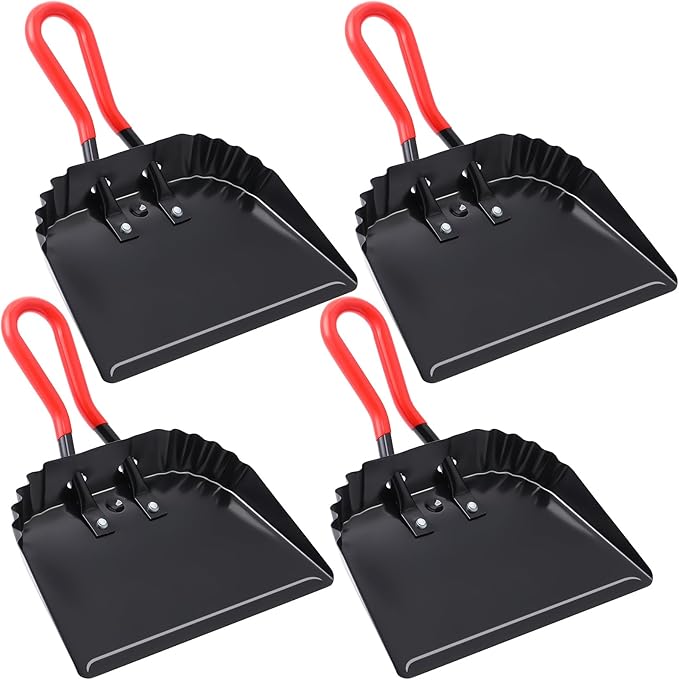 Uiifan 4 Pcs Industrial Metal Dustpans 12" Heavy Duty Dust Pan with Handle Commercial Dustpan Wide Scooper Dust and Debris Sweeping Tool Precision Edge Rubber Grip Loop Handle (Black)
