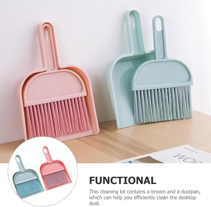 Yardwe Mini Broom and Dustpan Set Portable Small Desk Cleaning Tools 2 Sets Blue and Pink Home Accessory for Desktop and Office Use