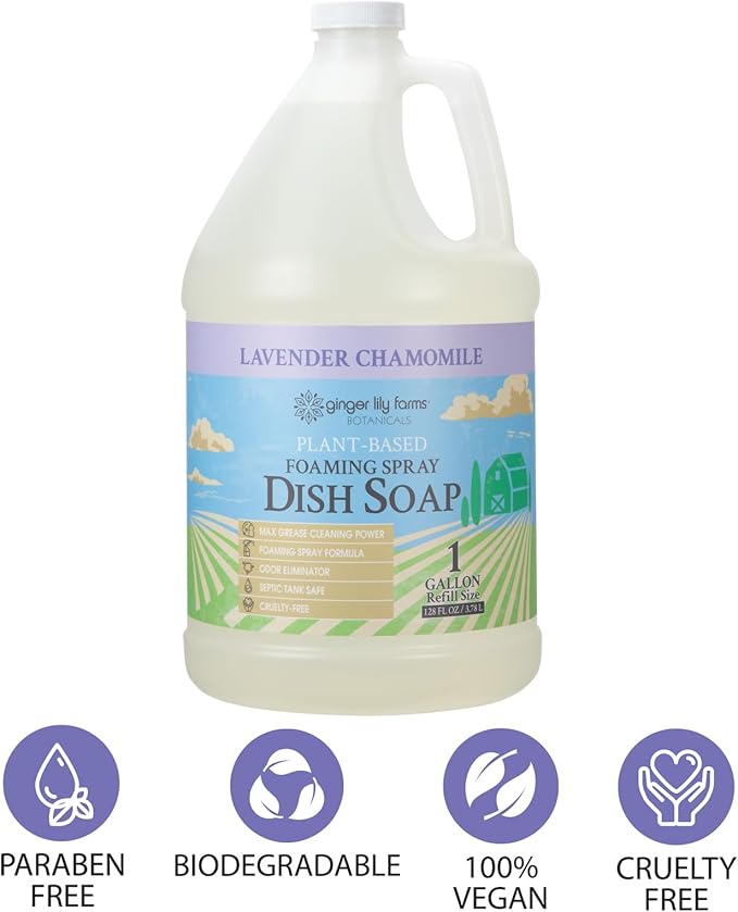 Ginger Lily Farms Botanicals Plant-Based Foaming Spray Dish Soap, Concentrated Formula with Max Grease Cleaning Power, Cruelty-Free, Lavender Chamomile Scent, 1 Gallon (Pack of 4)