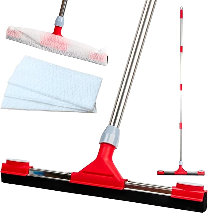 Heavy Duty Floor Squeegee for Concrete Floor – 17.3'' EVA Foam Blade with Built-in Towel Clip, 62'' Extendable Handle, Uneven Surface Floor Squeegee Broom for Garage, Window, Pool, Tile, Patio &Shower