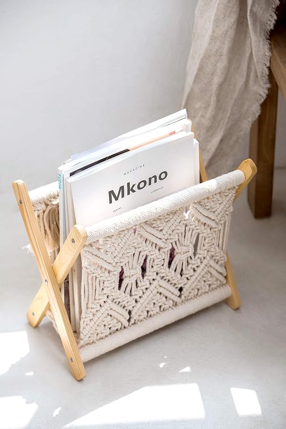 Mkono Macrame Magazine Rack Boho Storage Holder Standing Basket for Books, Newspapers, Swaddle Blanket, Dorm Essentials, Living Room, Bathroom, Office, Nursery, Home Decor, Small Size, 11.2”L x 7.5”W