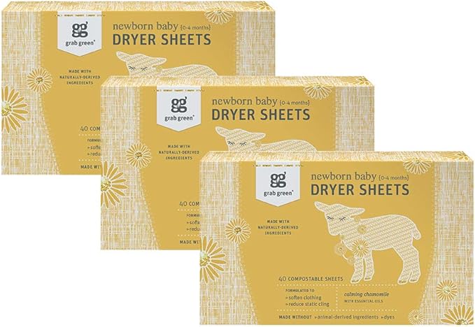 Grab Green Newborn Baby Dryer Sheets - Natural Scent Booster and Fabric Softener to Reduce Wrinkles and Static (Calming Chamomile Scent, 120 Sheets Total)