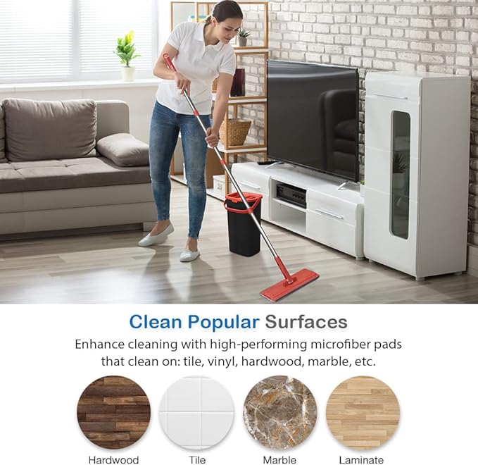 Tethys Flat Floor Mop and Bucket Set for Professional Home Floor Cleaning System with Aluminum Handle/2-Washable Microfiber Pads Perfect Home + Kitchen Cleaner for Hardwood, Laminate, Tiles, Vinyl