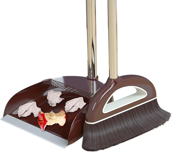 Broom and Dustpan Set with Long Handle - Dust Broom and Dustpan Combo, Lightweight Robust Kitchen Brooms Dustpans, Ergonomic Duster Tool Cleaning Gadgets, for Home, Kitchen, Offices, Pet Hair, Coffee