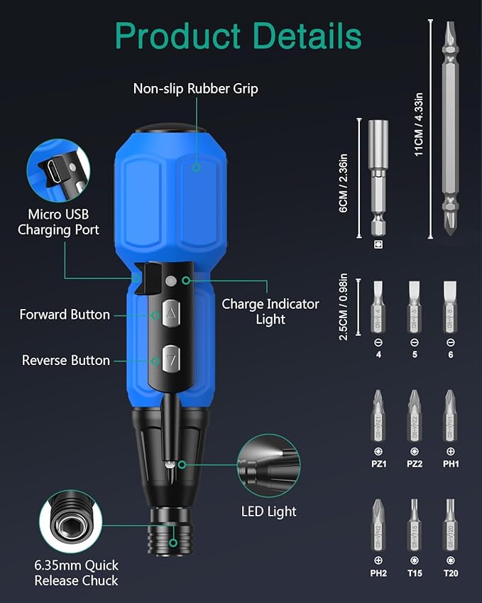 ORIA Electric Screwdriver, Cordless Electric Screwdriver, 12 in 1 Cordless Power Repair Tool Kits with 10 Bits and 1/4 inch Bit Holder, LED Lights, Charging Cable, for Phones,Toys, PC
