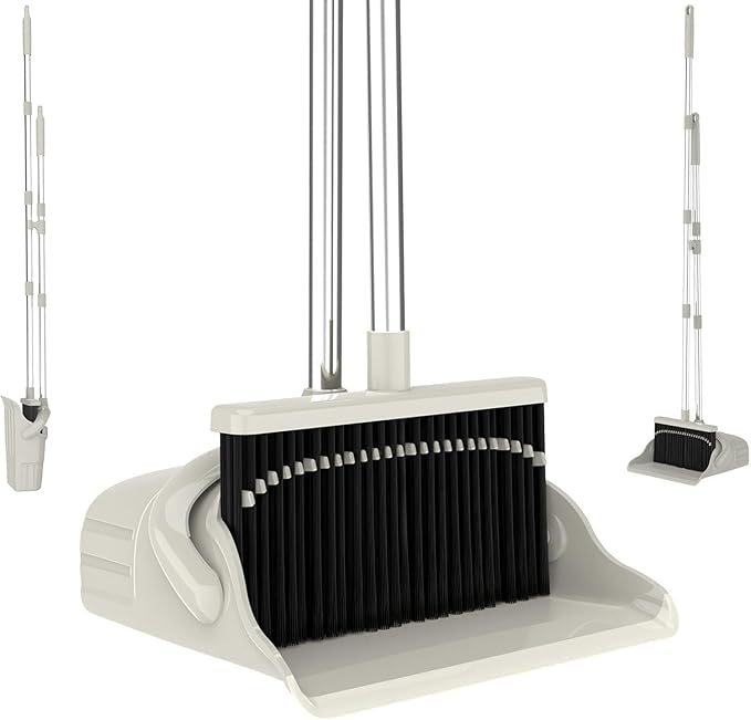 Broom and Dustpan Set for Home, Long Handle Upright Broom Dustpan Combo with Self Cleaning Dustpan Teeth, Standing Sweep Set for Kitchen Office Lobby Garage Floor Indoor Outdoor Cleaning