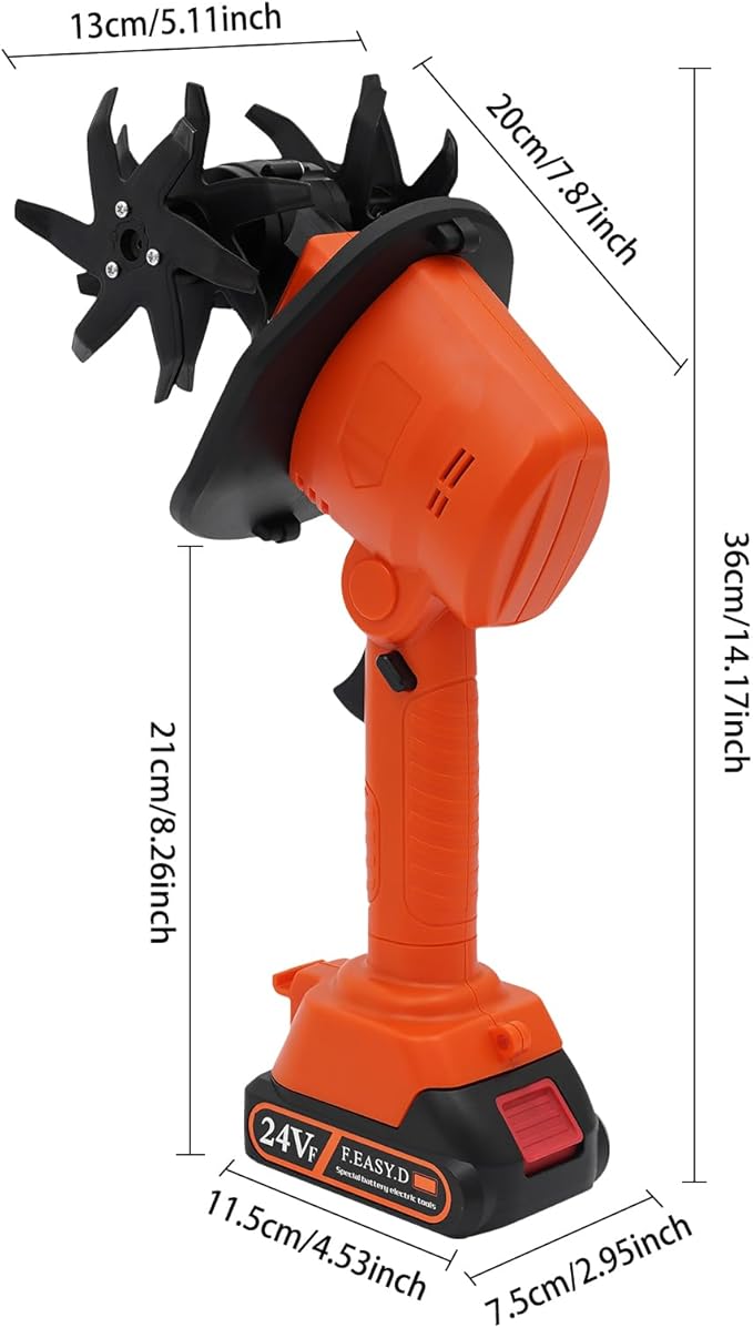 Cordless Mini Tiller Cultivator, 21V Electric Handheld Tiller for Gardening, Lightweight Soil Ripper Garden Tool with 1500mAh Battery & 10cm Tilling Width, Orange ABS Body, Ideal for Home Lawn, Yard