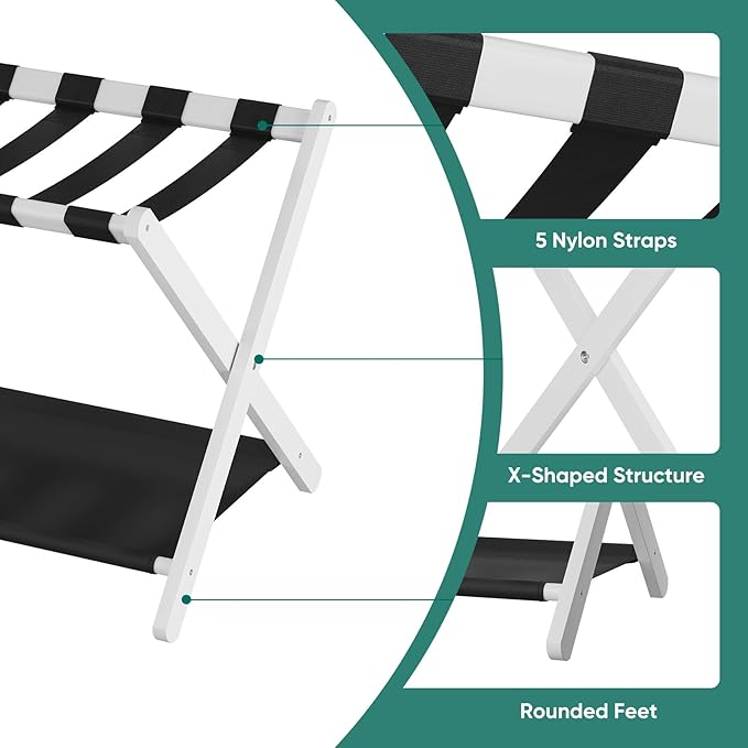 Smuxee White Bamboo Luggage Rack for Guest Room, Foldable Suitcase Stand with Storage Shelf, Easily Assembled Luggage Stand with 5 Nylon Straps for Guest Room Bedroom Hotel