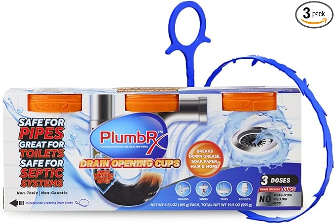 Drain Opener Cups | Hair Clog Remover | Drain Cleaner For Toilets, Sinks, Tubs - Septic Safe | 3 Uses + Hair Snake