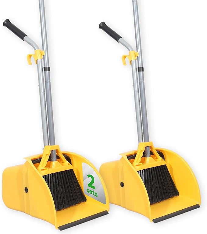 Commercial Broom and Dustpan Set Debris Dustpan with Handle,Jumbo Debris Pan, Trash Collection for Industrial/Professional Cleaning,2Sets, Yellow,Extra-Large Size