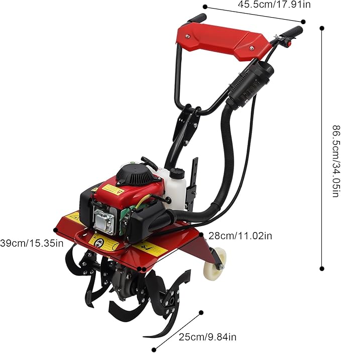 Garden Tiller Cultivator, 4-Stroke 63CC Gas Powered Tiller Cultivator Garden Yard Rototiller Tilling Tool Gas Tiller- Ideal with Long Handle for Plowing Turning Soil Ditching