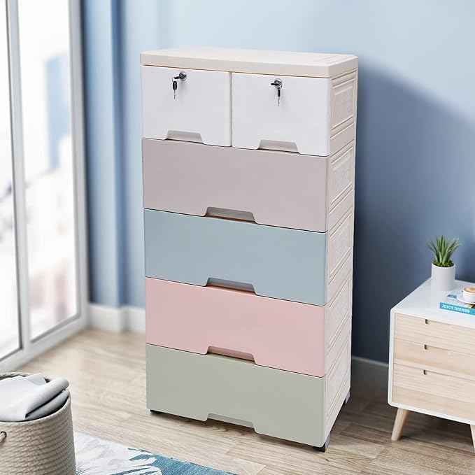 5 Layers Bookshelf, Multi-Layer Assembled Baby Wardrobe Storage Cabinet, Cube Organizer Bookcase Cabinet Storage Shelf Rack with 6 Drawers & 5 Wheels, White, Gray, Blue, Pink, Green