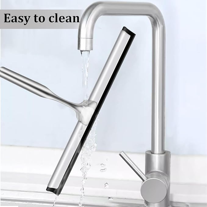 10-Inch Shower Squeegee for Glass Doors, Stainless Steel Shower Squeegee with Shower Door Hook & Adhesive Hook, Multi-Purpose Bathroom Squeegee for Glass, Door, Mirror and Window (Silver)