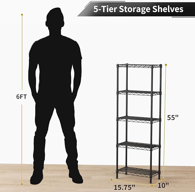 Golpart Small 5 tire Shelves Storage Wire Shelving Unit Metal Shelf Adjustable Organizers Storage Shelving for Bathroom Laundry Room Kitchen Pantry10”D x 16”W x 55”H Black
